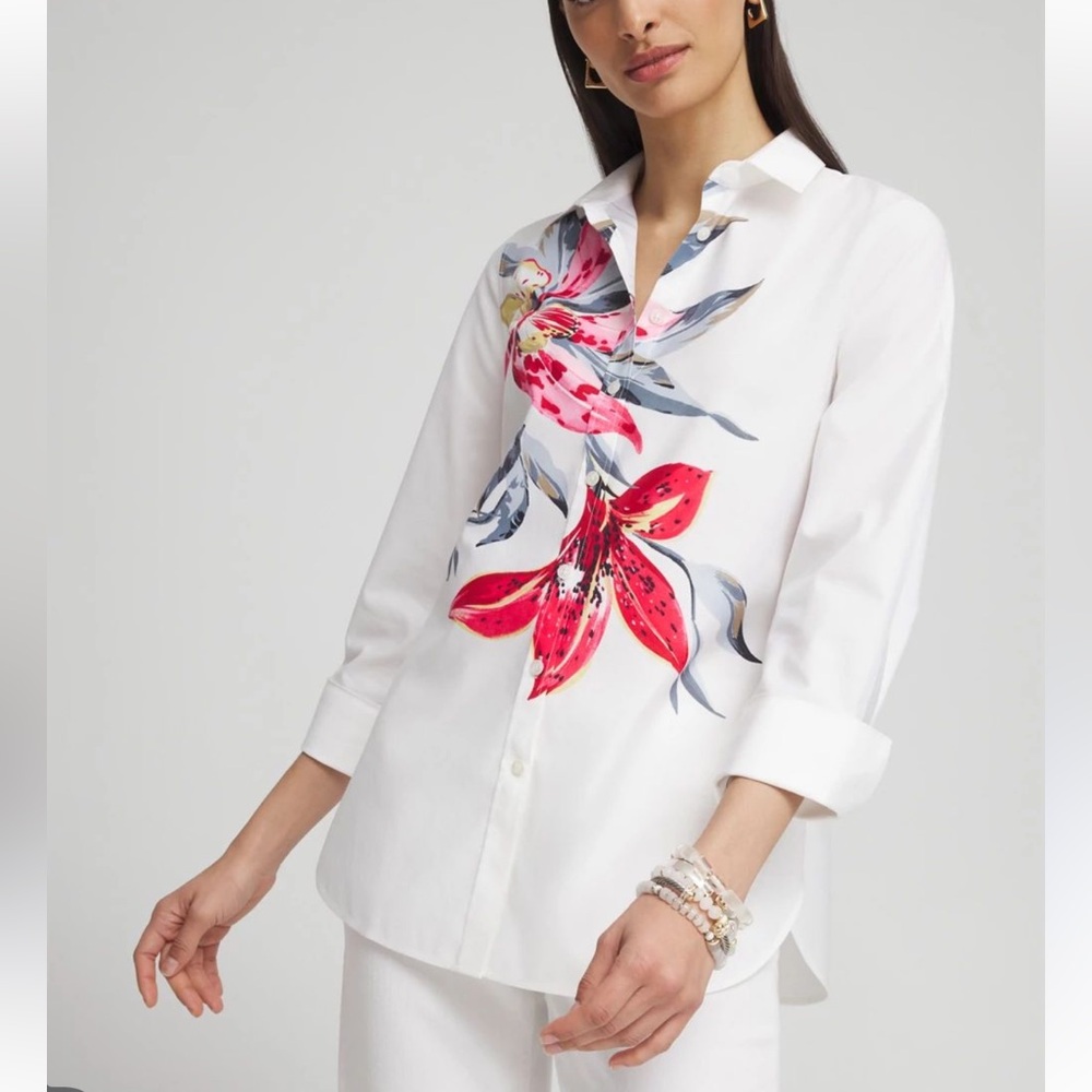 Chico's No Iron Stretch Art Floral Button-Up 3/4 Sleeves Shirt Blouse - US8/M